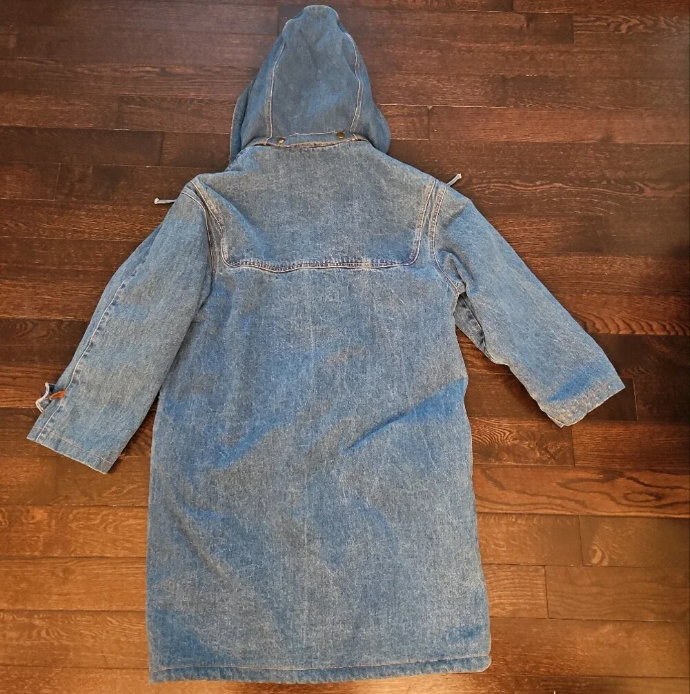 Vintage 90s Denim Duffle Coat Hooded Toggle Jacket Plaid Lined [Forenza]